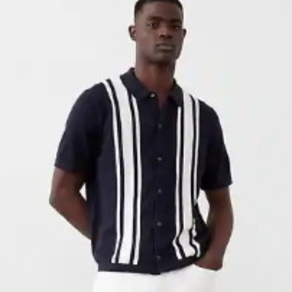 NEW Banana Republic Navy Blue White Button Down Vertical Stripe Polo Knit Men's - Picture 2 of 9